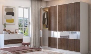 four-door-dark-wood-wardrobe-design-with-mirror